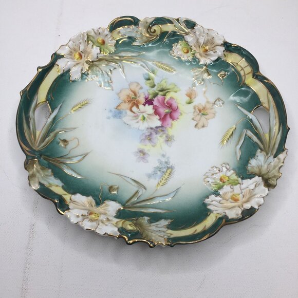 Vintage 10" Prussia Decorative Turquoise Floral Ceramic Plate Hanging White Pink - Picture 2 of 7